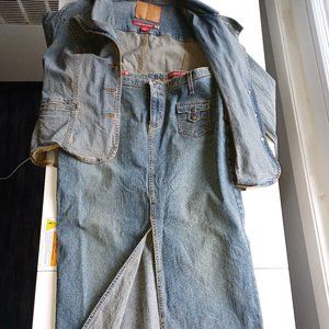 Two-piece Denim Suit with Skirt and Jacket.
